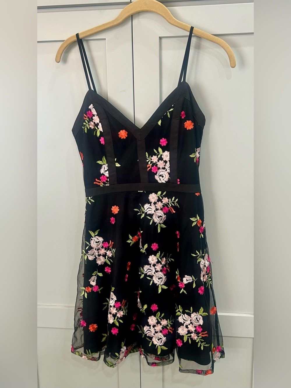 Lulu's Black V-Neck Floral Embroidered Dress